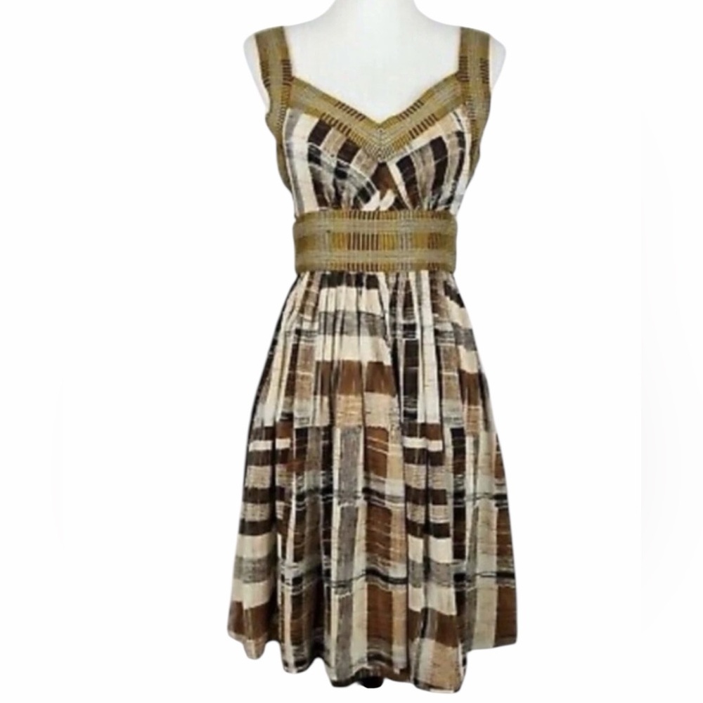Anthropology Plenty by Tracy Reese Silk Brown Patchwork Sleeveless Dress - Sz 10